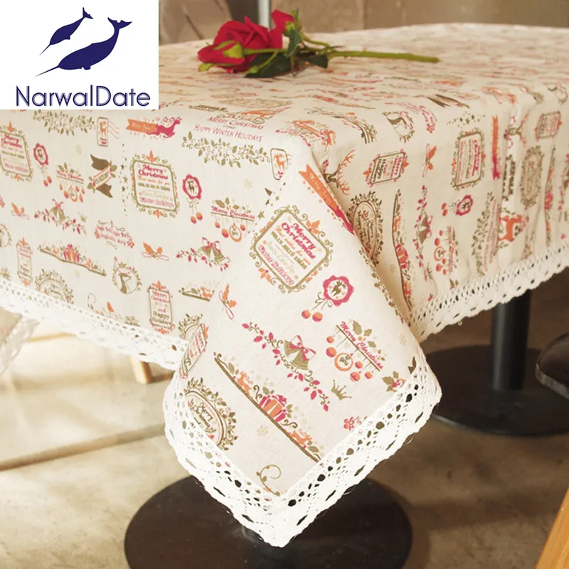  Cartoon Christmas Tablecloth Pattern Printing Line with Lace Edge Table Colth Home Table Cover for 