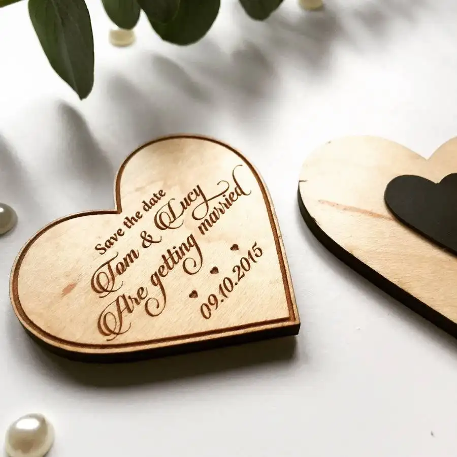 Custom Personalized Engraved Wooden Heart Save The Date Magnet Rustic Bridal Shower | Дом и сад