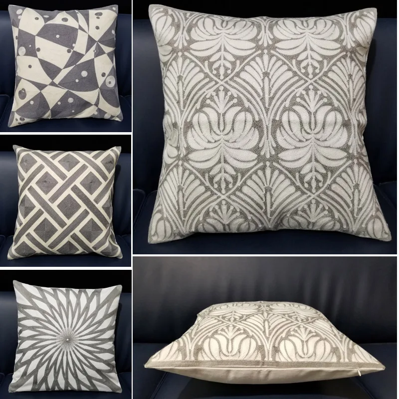 

Luxury 18x18inch Cushion Cover Gray Embroidery Pillowcase Hotel Office Home Decrative Cushion Cover Sofa Back Cotton Pillow Case