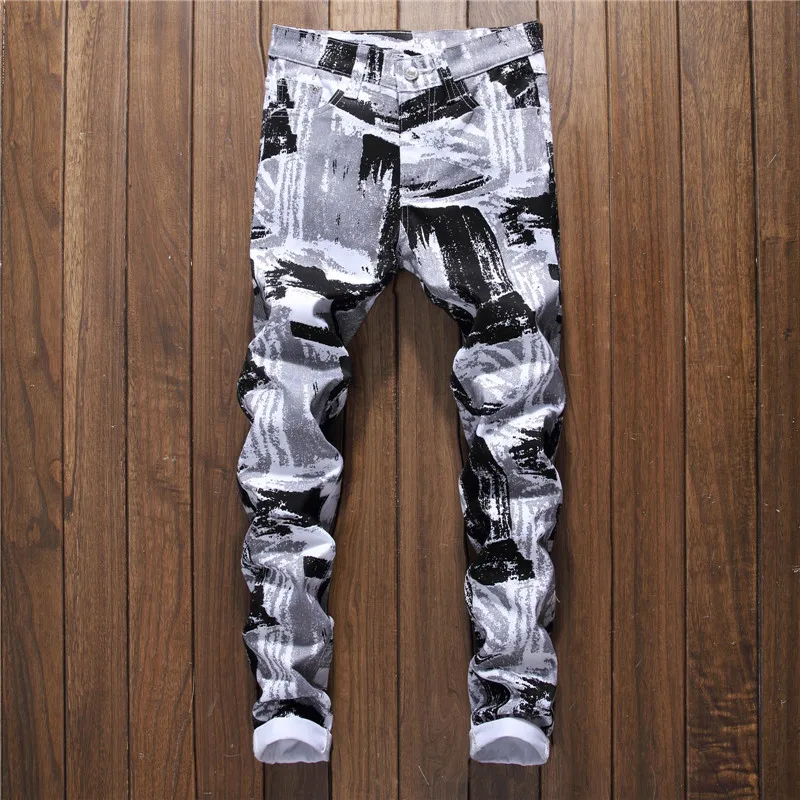 Men Denim Jeans Print Black White Casual Washed Men Jeans Stretch ...