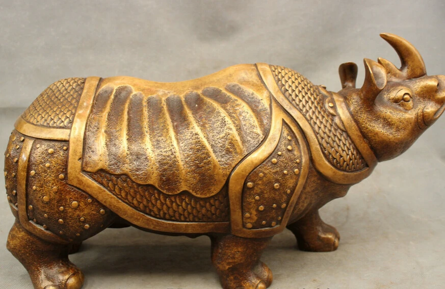 

fast shipping USPS to USA S1681 17"Folk Chinese Bronze Decoration Horn Bull Ox Rhino Rhinoceros Statue Sculpture