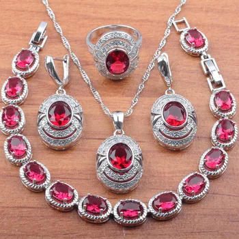 

Rose Red Crystal Silver Color For Women Wedding Jewelry Set Earrings Necklace Pendant Rings Bracelet Set Christmas Gift JS0101