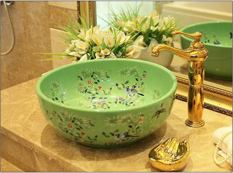 Фарфор ручной работы раковина птицы и цветы столешницы Керамика Ванная комната раковина