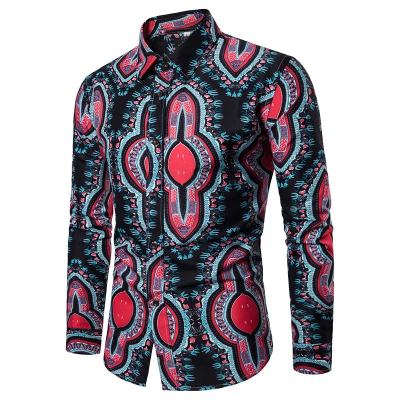 

2019 African style printed lapels long sleeve men's shirt Blue Black Purple Fashion Print Long Sleeve Lapel Slim fit men Shirt