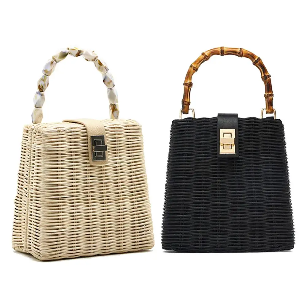 

Small Box Shoulder Bag Handbag Straw Rattan Braided Handmade For Women Holiday Beach Fashion Bags Buckle Bamboo Hand Woven Bag