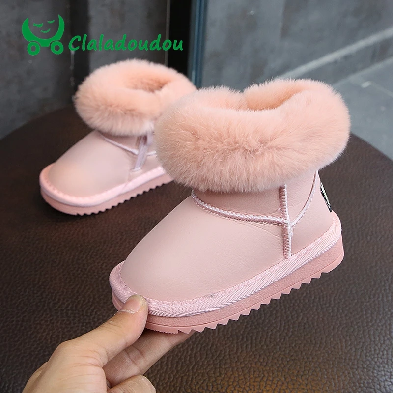 

Claladoudou 13.5-15.5CM Brand Kids Pure Snow Boots Pink Princess Genuine Leather Waterproof Rubber Ankle Boots Thick Plush Shoes