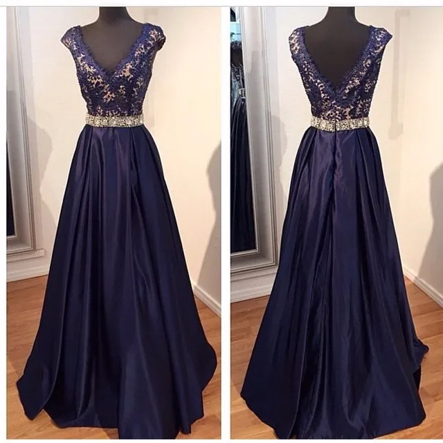 

Beaded Waist Navy Blue Lace Top Satin Evening Gowns A Line Long Prom Dresses 2016 V Neck Women Formal Dresses vestido de festa