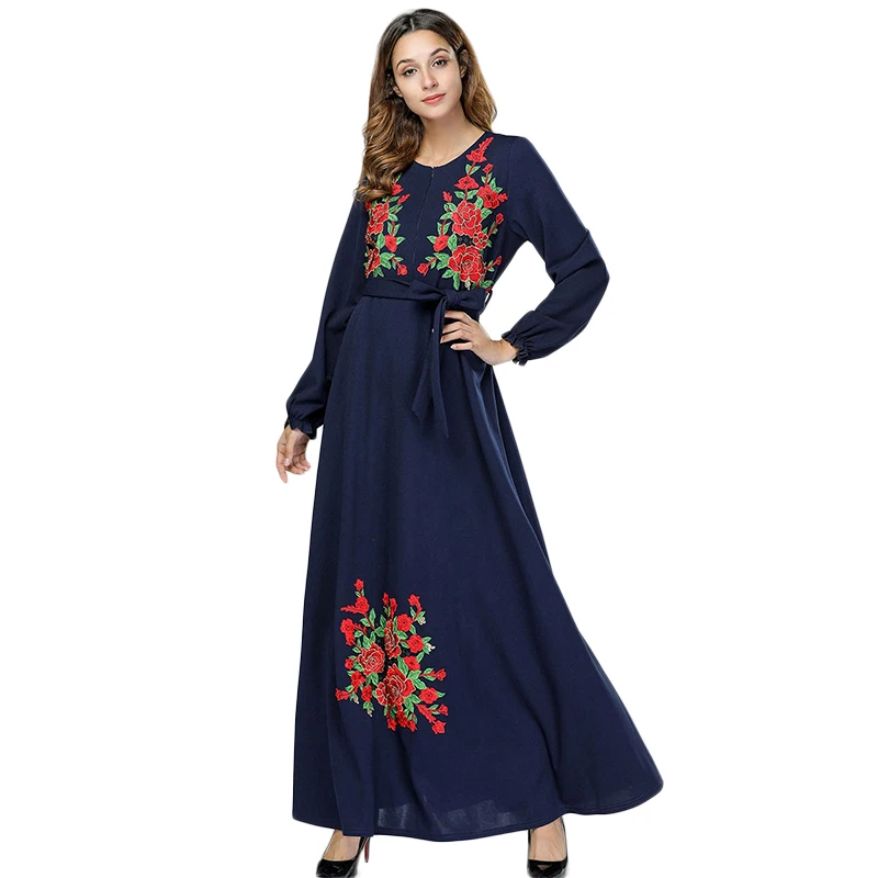 

WHZHM Floral Plus Size 3XL 4XL Women Robe Party Dress Dark Blue Female Long Muslim Sashes Embroidery Maxi Flower Vadim 7418