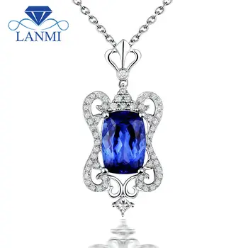 

Solid 14K White Gold Genuine Diamond Natural Tanzanite Mother Daughter Pendant Cushion Cut Design Jewelry WP068