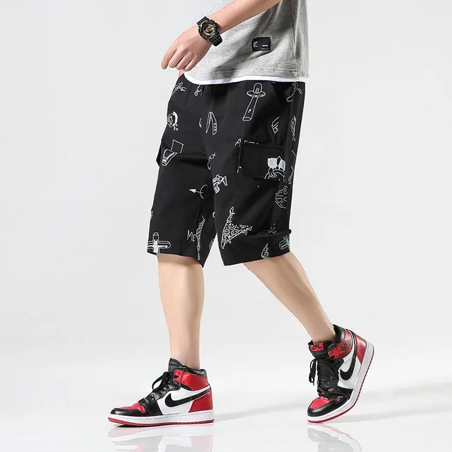 Новая Летняя мода печатных для мужчин хлопок шорты в уличном стиле Homme Slim Fit повседневное бермуды мотобрюки Прямая LBZ64 - Цвет: Черный
