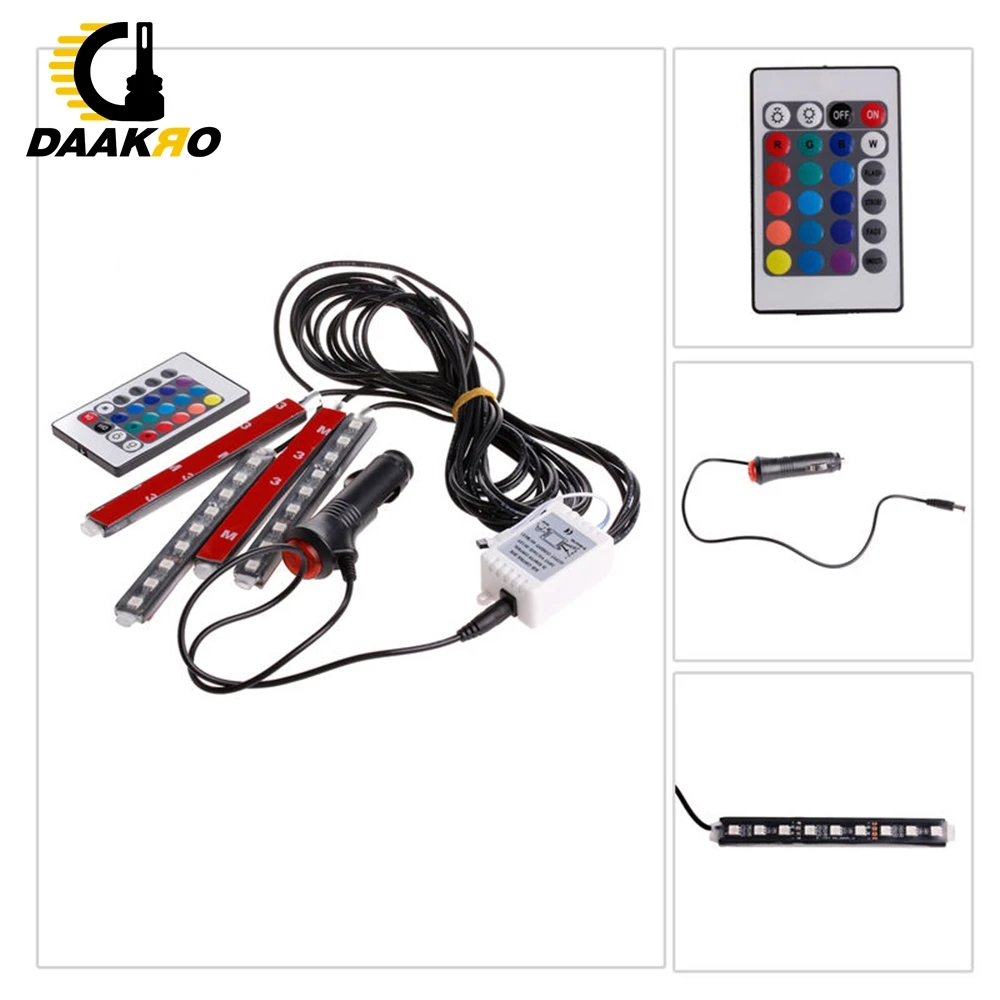  4pcs 5050 9 LED Remote Control Cigarette Lighter Colorful RGB Car Interior Floor Atmosphere Light S - 33018685103