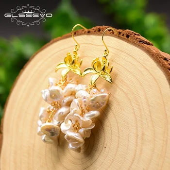 

GLSEEVO Natural Baroque Pear Luxury Tassel Earrings For Women Bride Wedding Lotus Flower Drop Earrings Fine Jewellery GE0775