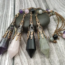 YA3976 Античная бронзовая крышка аметисты лабрадорит камень Точка Исцеление Маятник цепь