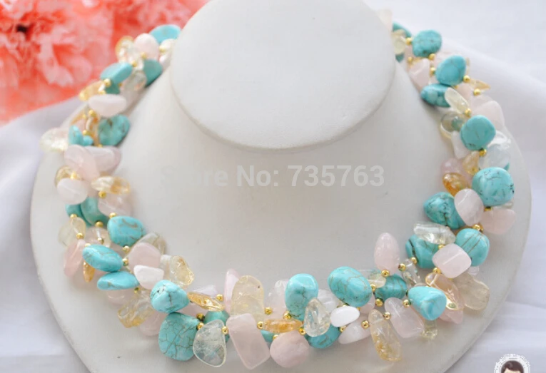 

xiuli 001288 3row 18" nature Smoky quartz clean crystal Turquoise Gravel NECKLACE