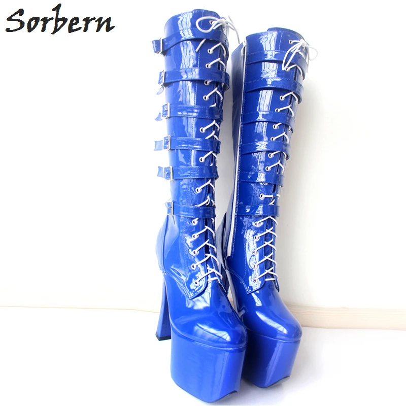 

Sorbern Shiny Pu 20Cm Chunky Heeled High Heels Thick Platform Knee High Boots For Womens Shoes And Boots Round Toe Custom Colors