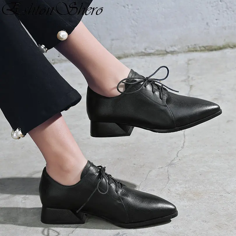 

EshtonShero Women Pumps Shoes Woman Platform Cow Leather+PU Square Low Heels Pointed Toe Black Ladies Wedding Shoes Size 3-11