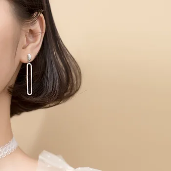 

Real. 925 Sterling Silver Fine jewelry cz HOLLOE Oval Geometric dangle earrings long GTLE2764
