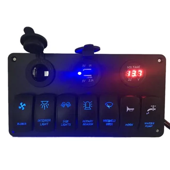 

6V-30V 7 Gang LED Switch Panel Circuit Breaker Charger Dual USB Socket IP65 Cigaretter Plug Voltmeter For Car Bus Yacht Camper