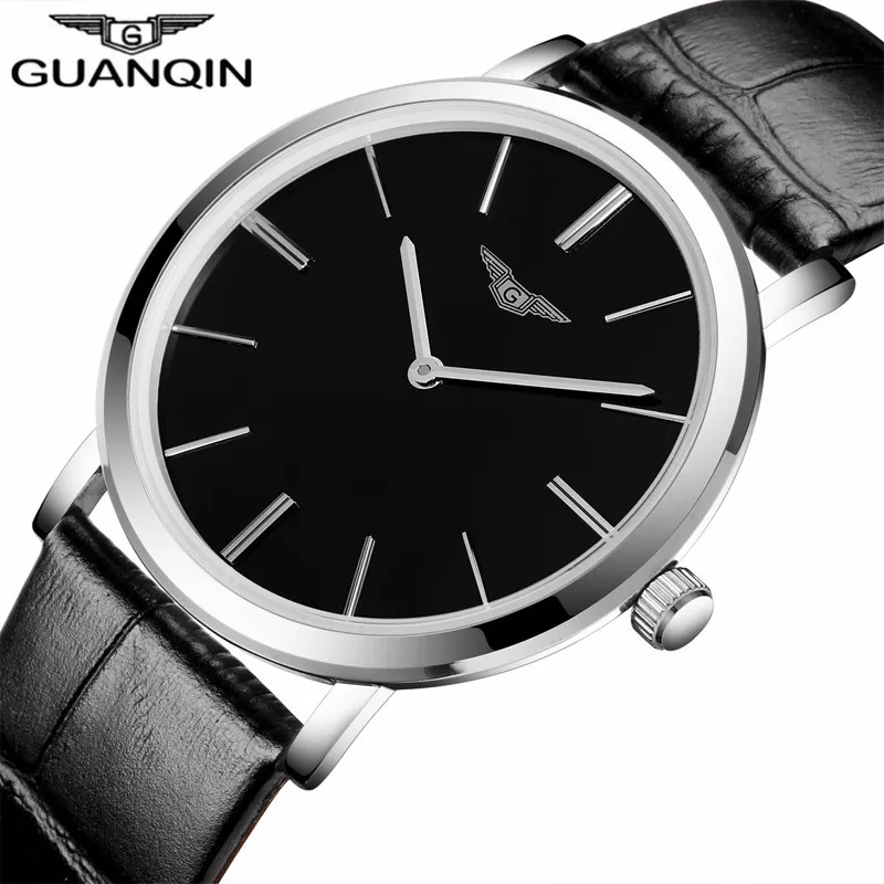 Мужские часы GUANQIN от роскошного бренда, простой дизайн, мужские Ультра тонкие кварцевые часы, модные повседневные мужские наручные часы с кожаным ремешком