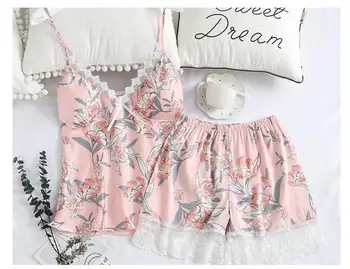 

Sleep Lounge Pajama Set Sexy Satin Silk Sleepwear Women Summer Pyjama Femme Fashion Flower Pajamas for Women with Chest Pad