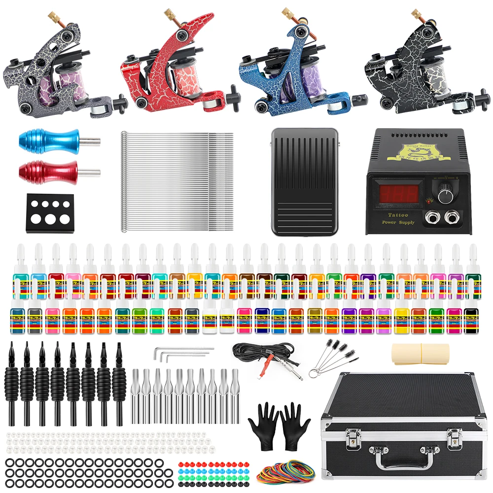 

Stigma Professional New Designed Functional 4 Tattoo Machine Set Coils Gun Machine Complete Power Supply 54 Color Inks Box TK456