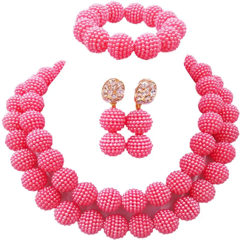 

Free Delivery Coral Pink Plastic Pearl Balls Nigerian Wedding Jewellery Sets for Bridal 2C-ZZ-03
