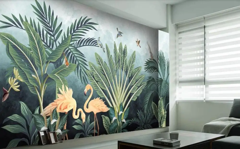 

Medieval hand-painted tropical rainforest flamingo bedroom living room sofa background wallpaper mural