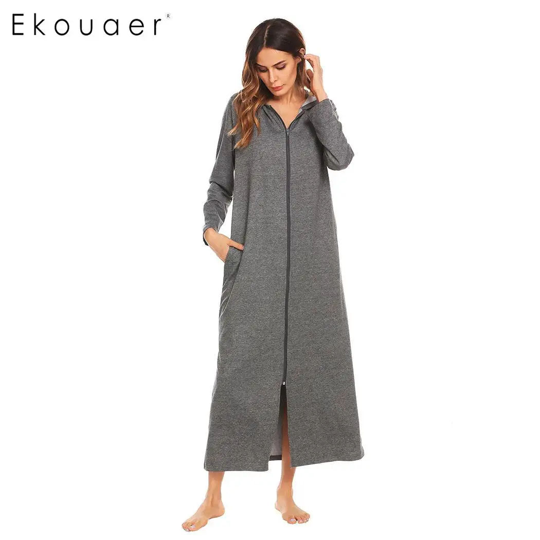 Ekouaer Long Women Robe Sleepwear Long Sleeve Zip front Hoodie