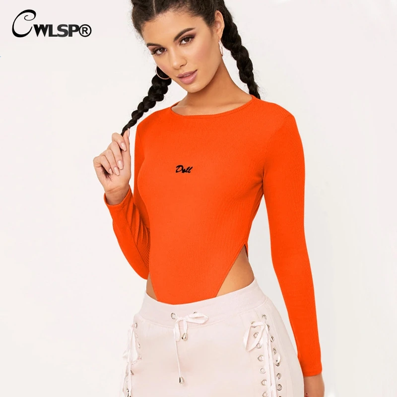 

CWLSP 4 Colors Sexy Embroidery DALL Letter Solid Bodysuit Women Full sleeve Ribbed combinaison femme Skinny body femme QL3736