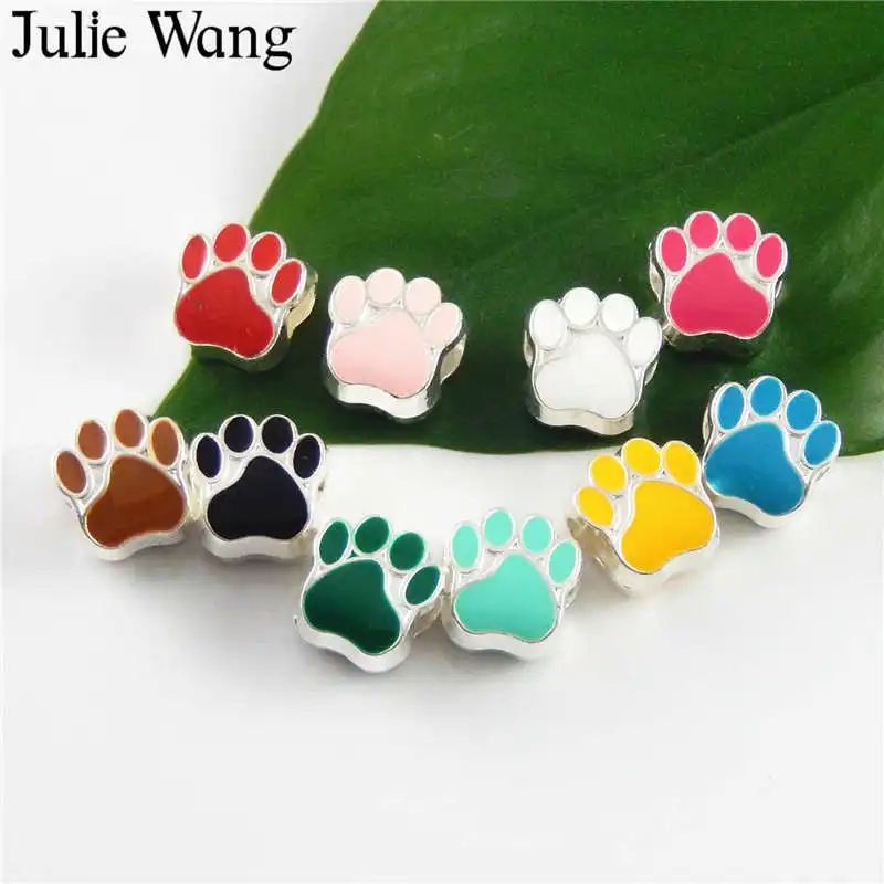 Julie Wang 40PCS Mix 10 Colors Enamel Pet Cat Dog Paw Footprint Beads For European Charms Bracelet Jewelry Making Accessory