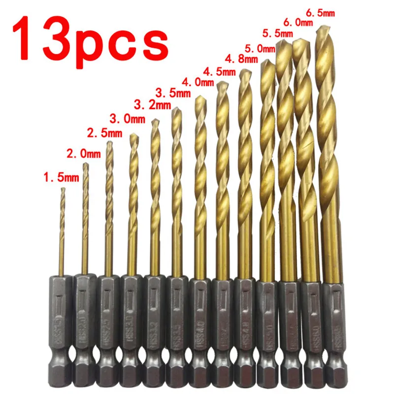 

13pcs HSS Drill Bit Titanium Coated Twist Drill Set With 1/4" Hex Shank Working for Metal,Wood,Aluminum, Thin Iron Color Random