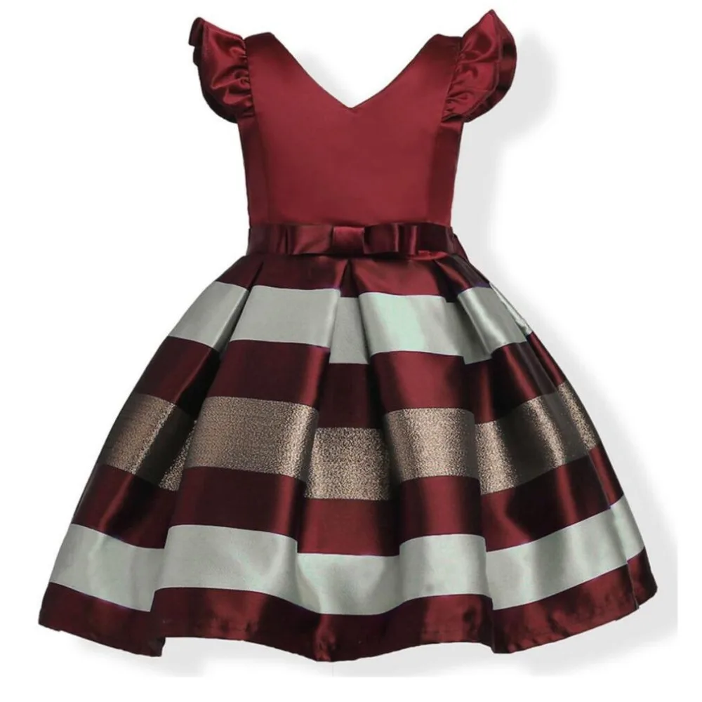 

3-12 Year Children Girls Striped Elegant V-neck Costumes Princess Girl Wedding Party Formal Dress Children Baby Kids Clothing