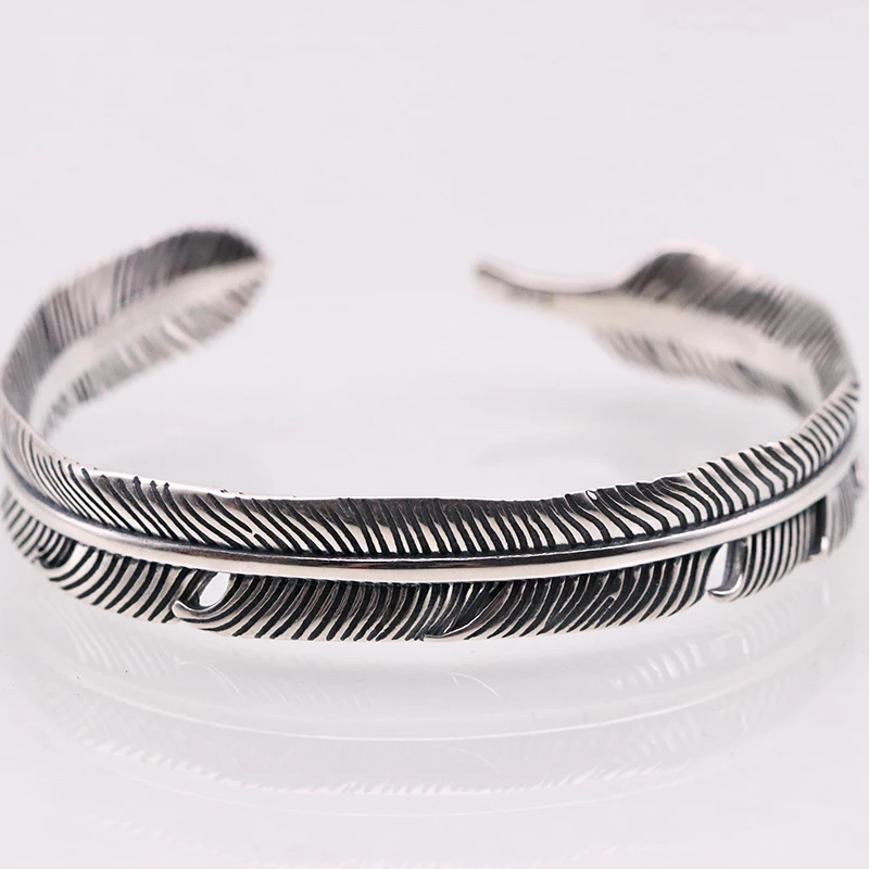 SOQMO 925 пробы серебро перо форма открытый жесткий браслет для мужчин или женщин шайба классический ретро стиль ювелирные изделия SQM067