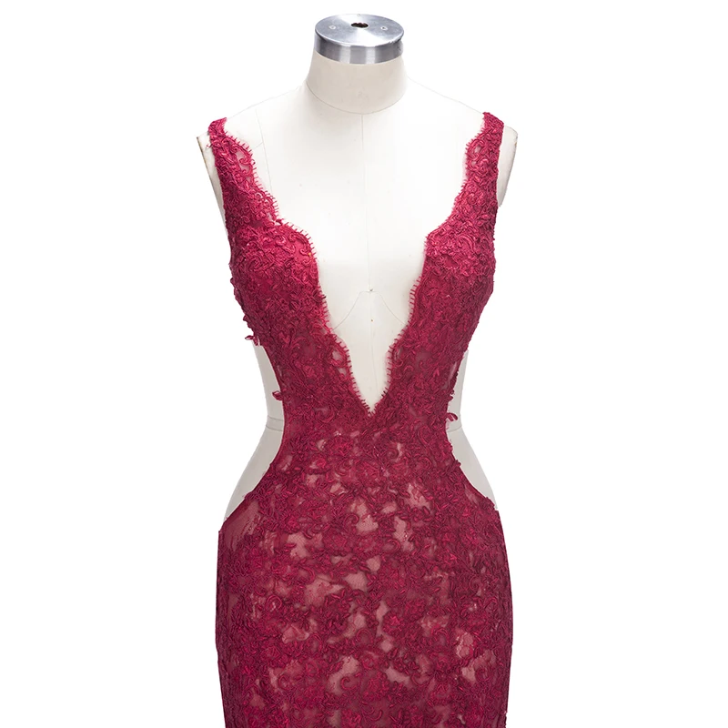New Arrival Deep V-Neck Burgundy Mermaid Lace Prom Dresses 2019 Hollow Out Party Dresses Slit Prom Gown custom made