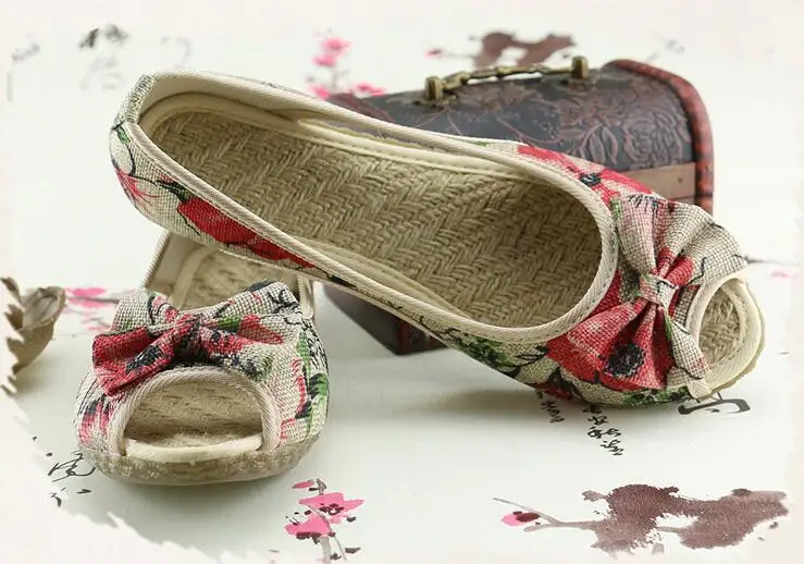 Vintage Women Flats Summer New Soft Canvas Embroidery Shoes Casual Slip On Bow Dance Flat Sandals For Woman Zapatos Mujer 24
