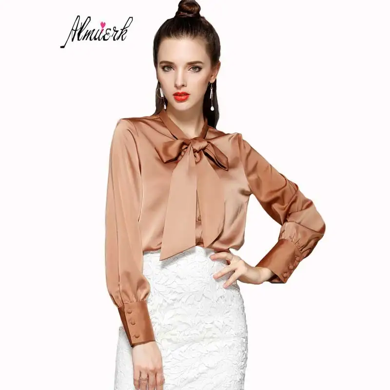 

Spring Autumn womens Large size blouses Leisure bow plus velvet shirt long-sleeved Slim thin wild pure color blousez backingZ028