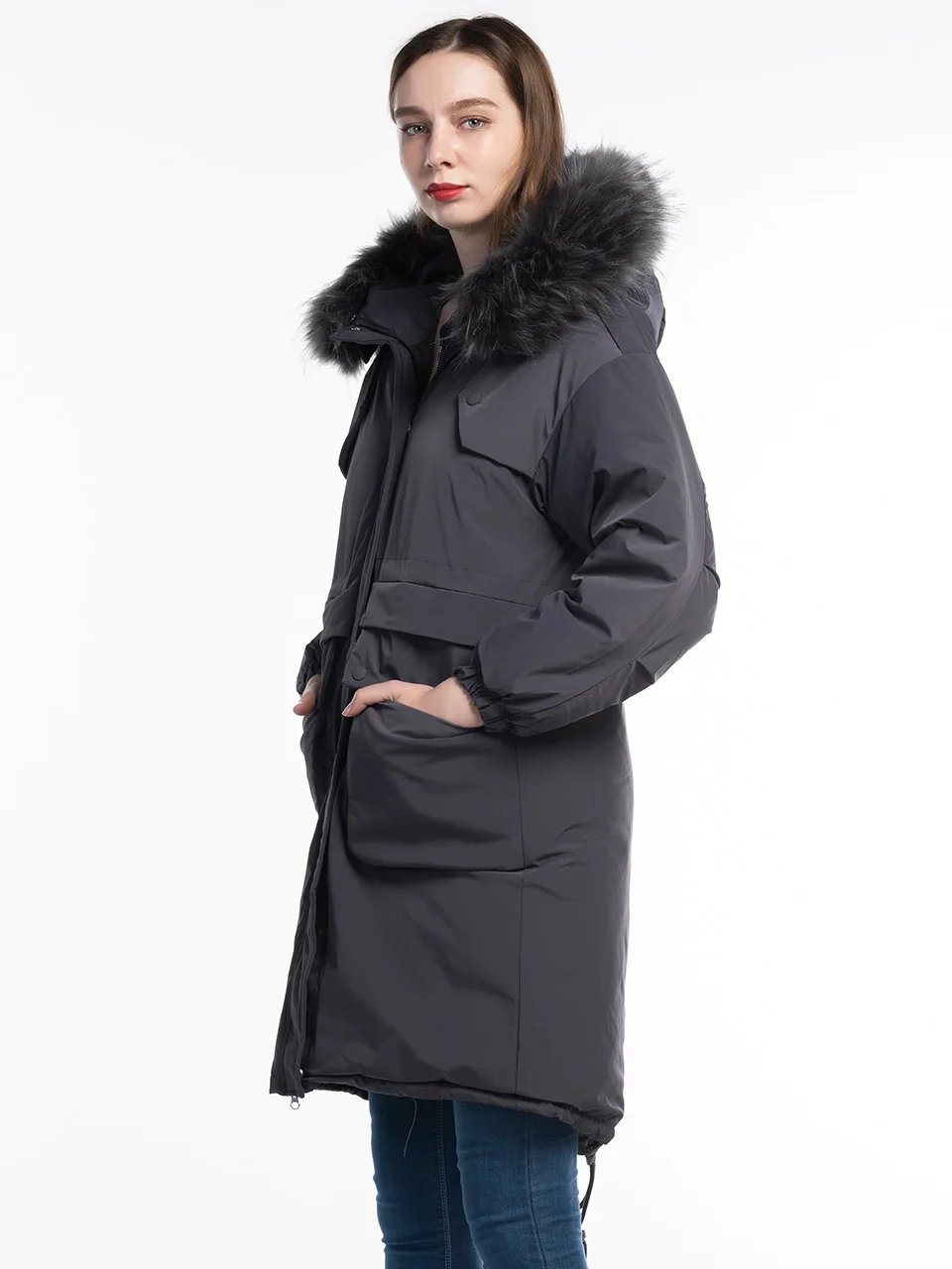 Женская модная теплая зимняя меховая парка, длинное пальто с капюшоном, новинка, большие размеры, зимняя куртка с карманами, Женская однотонная верхняя одежда, женская одежда FICUSRONG