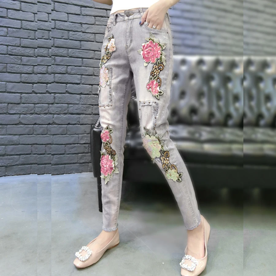 

Summer Autumn Women Embroidery Patchwork Sequin Bleached Pencil Denim Trousers , Female Woman Glitter Rivets Skinny Jeans Pants