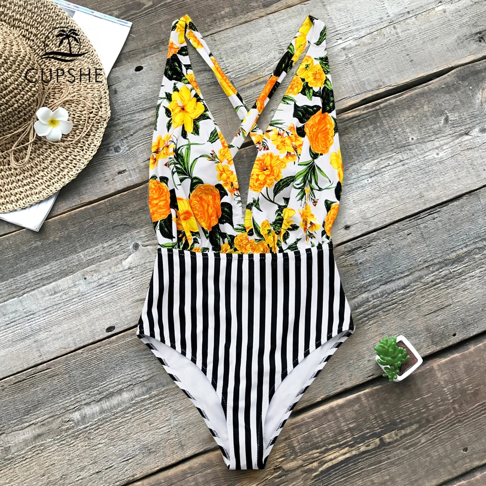 Billig CUPSHE Gelb Floral Und Schwarz Streifen Einteiliges Badeanzug Frauen Backless Kreuzmuster Monokini 2020 Boho Strand Badeanzüge