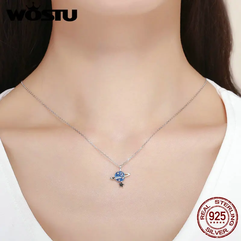 WOSTU Дизайн Настоящее 925 пробы Серебряная планета Подвеска Ожерелье для девочек женские роскошные серебряные ювелирные изделия подарок CQN230