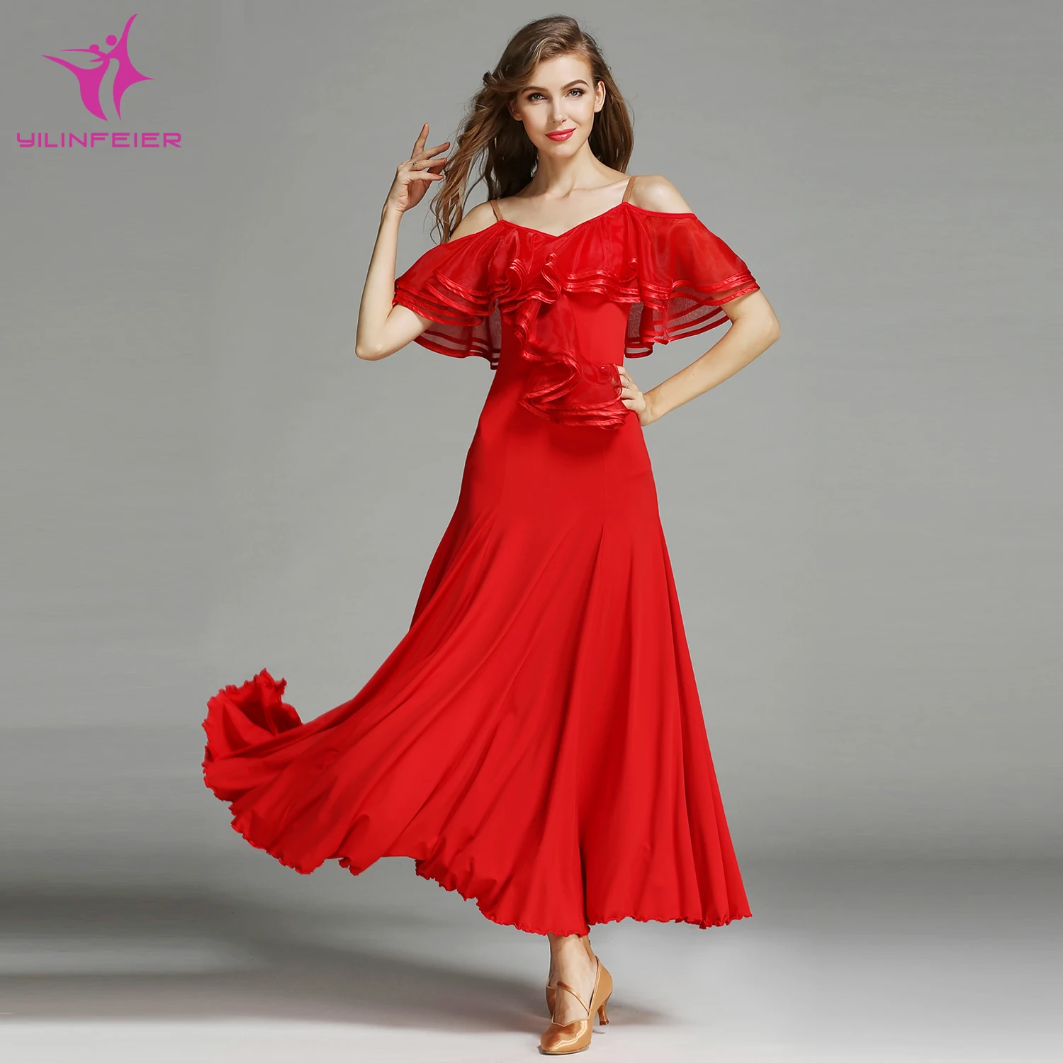 

YILINFEIER MY758 Modern Dance Costume Women Lady Adult Waltzing Tango Ruffled Dancing Dress Ballroom Costume Evening Party Dress