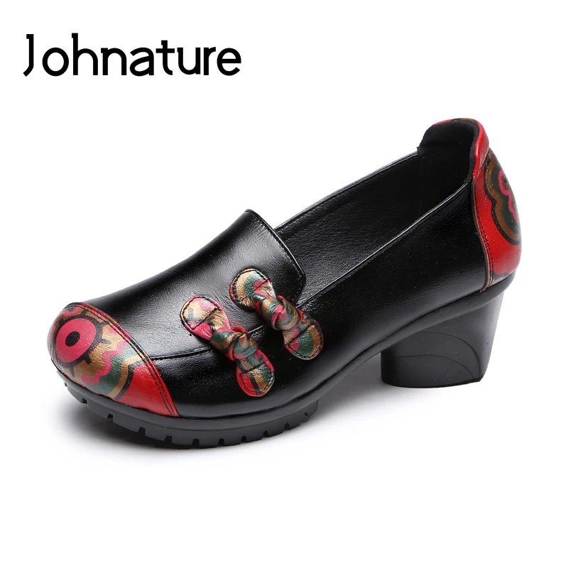

Johnature 2020 New Spring/autumn Handmade Genuine Leather Round Toe Retro Flower Shallow Slip-on Lady Shoes Med Heels Pumps
