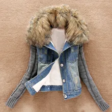 Женские зимние теплые джинсы с пуговицами, вязанные рукава, ковбойская джинсовая куртка с карманами, пальто