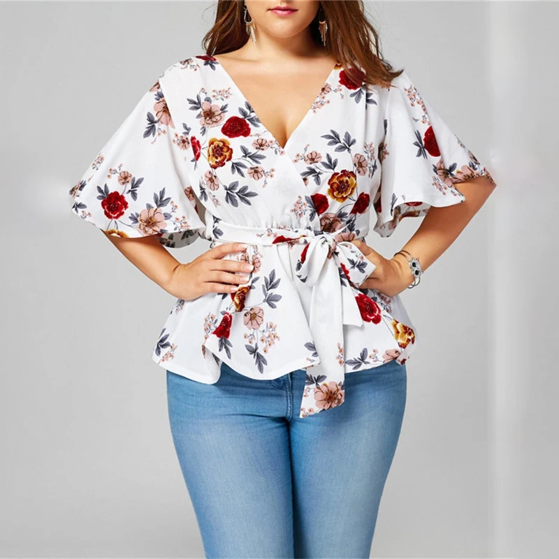 

New Women's Blouse Sexy V Neck Floral Print Flare Sleeve Belted Surplice Peplum Tops And Blouse blusas feminina Plus Size