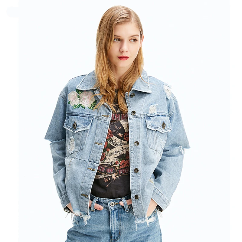 Loose Denim Jacket For Women Street Fashion Basic Coat Denim Jacket Women 2018 Autumn Flower