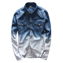 Модная синяя джинсовая рубашка с градиентом, Мужская одежда для фитнеса, Базовая рубашка с длинным рукавом для колледжа, мужская рубашка контрастного цвета, Camisa Masulina