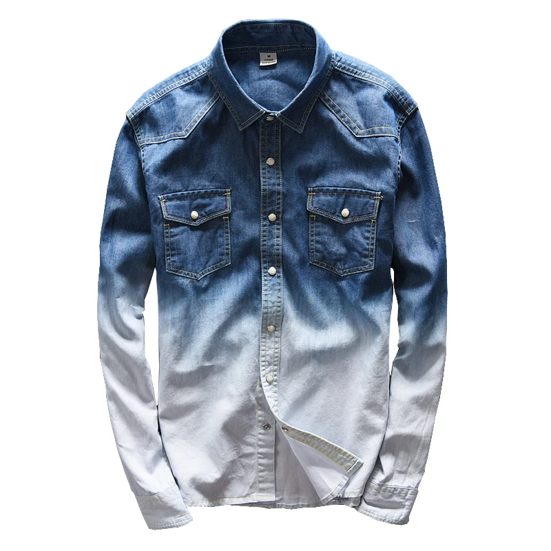 Acheter Mode Dégradé Bleu Denim Shirt Homme Remise En Forme Vêtements Collège De Base Chemise À Manches Longues Homme Chaude Contraste Couleur Camisa Masulina