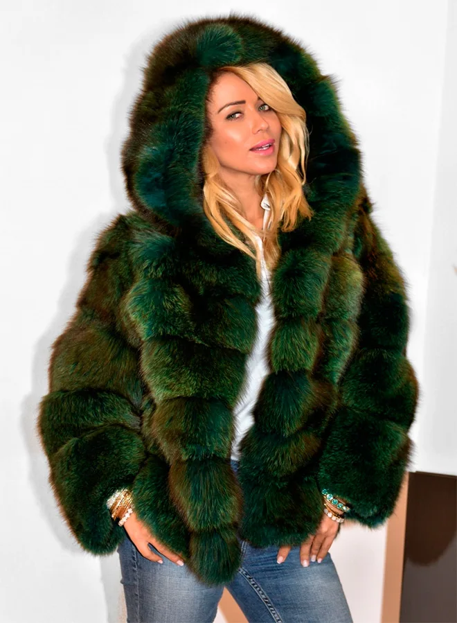 Роскошное теплое пальто из натурального Лисьего меха с капюшоном, куртки из настоящего толстого меха, женские зимние модные меховые пальто и куртки, лидер продаж - Цвет: Зеленый