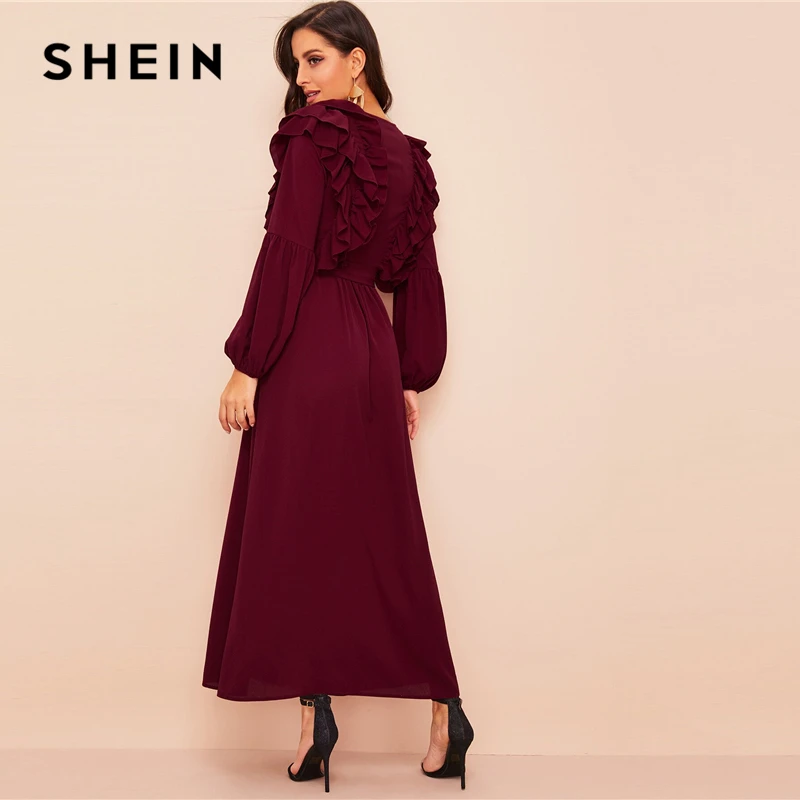 SHEIN с глубоким вырезом на шее многослойное отделкой поясом Абаи платье темно-бордовый однотонный Гламурная глубокий v-образный вырез Для женщин платья