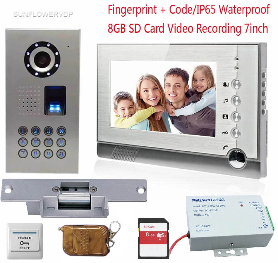 

Fingerprint Video intercom for A Country House 8GB SD Card Recording Doorphone Key IP65 Waterproof Code With Electronic lock